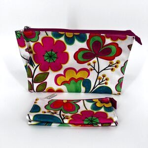 Clinique White Floral Print Cosmetic Toiletry Jewelry Travel Bag Set NWOT